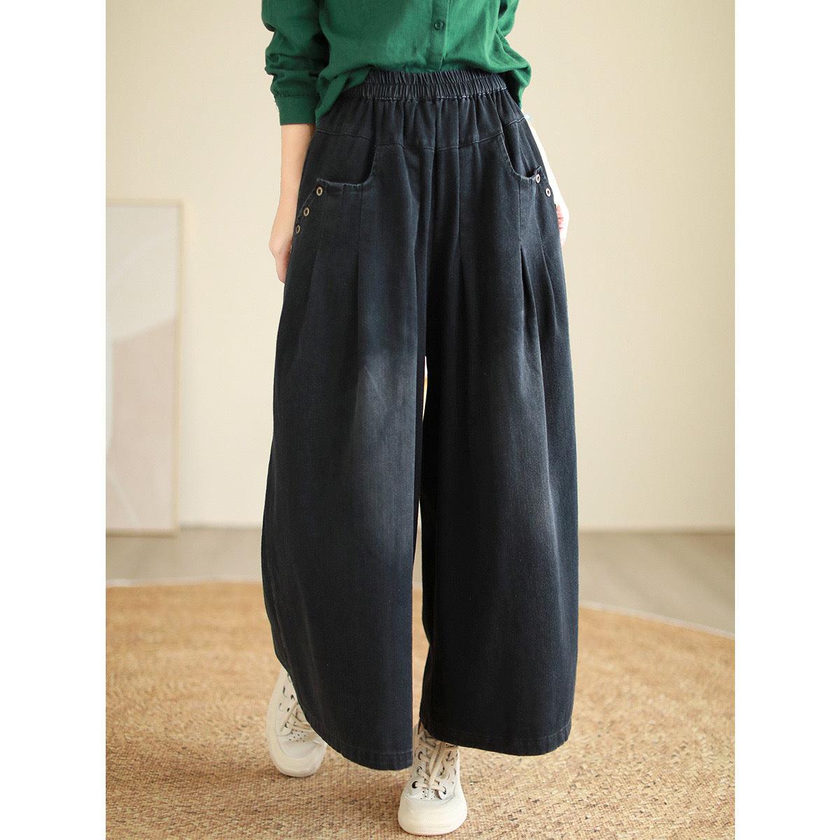 Wide-leg Jeans Elastic Waist Washed Trousers For Women