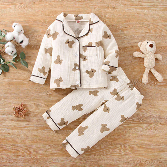 Girls' Bear Printed Pajamas Long-sleeve Suit