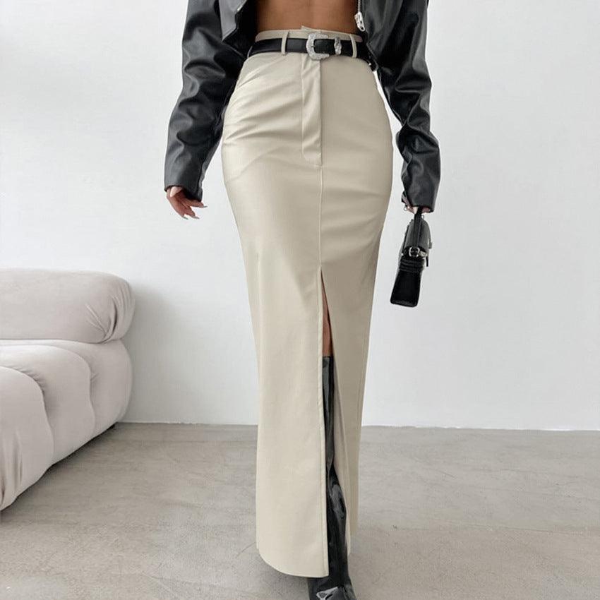 French Style Khaki PU Leather Skirt Women's Simple Split High Waist Straight Dress