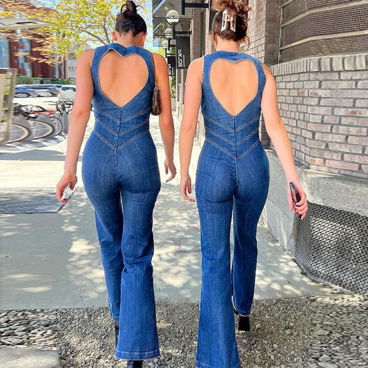 Summer Slim Heart-shape Backless Denim Jumpsuit