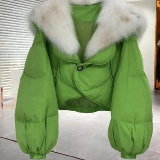 New Green Short Down Cotton Jacket With Light Fur Collar