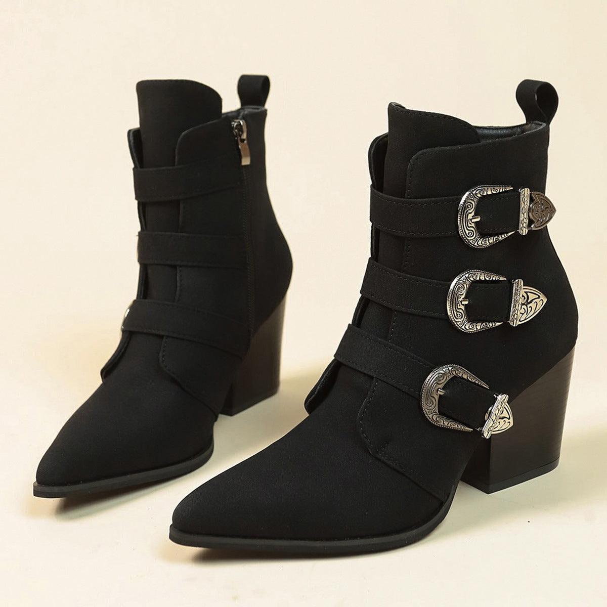 Chunky Heel Pointed Toe Boots With Belt Buckle Design Retro Mid-calf Boot Fashion Fall Winter Shoes For Women