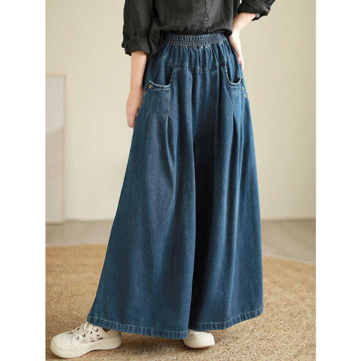 Wide-leg Jeans Elastic Waist Washed Trousers For Women