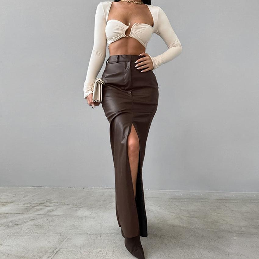 French Style Khaki PU Leather Skirt Women's Simple Split High Waist Straight Dress