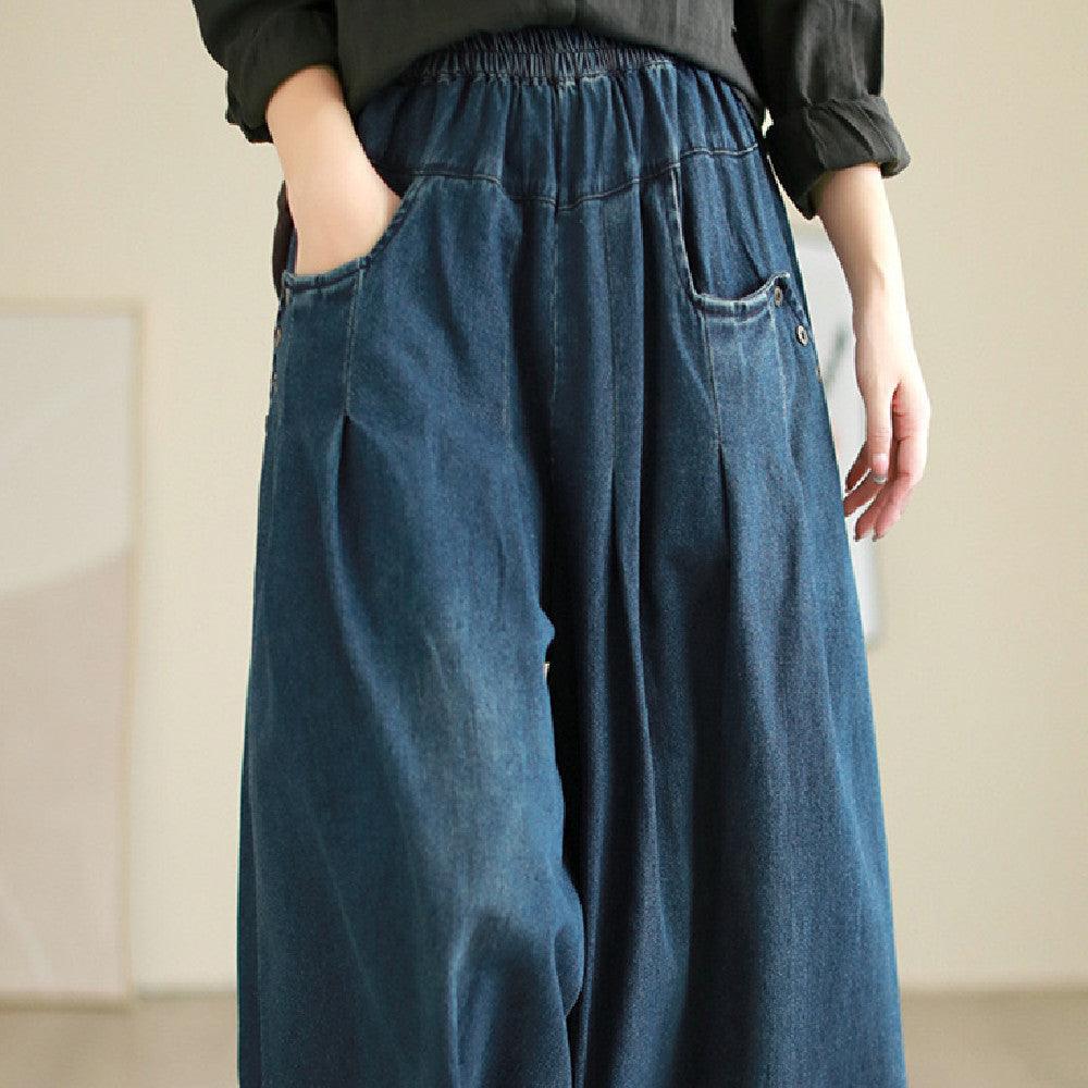 Wide-leg Jeans Elastic Waist Washed Trousers For Women