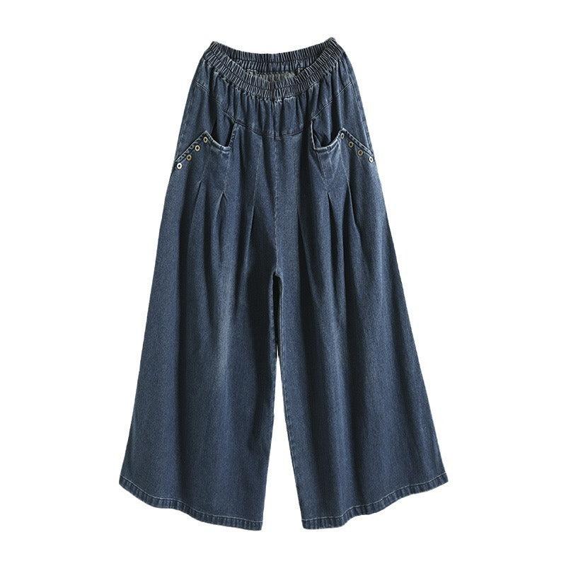 Wide-leg Jeans Elastic Waist Washed Trousers For Women