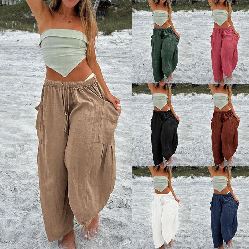 Fashion Wide Leg Pants Summer Loose Elastic High Waist Pleated Trousers Solid Color Womens Clothing