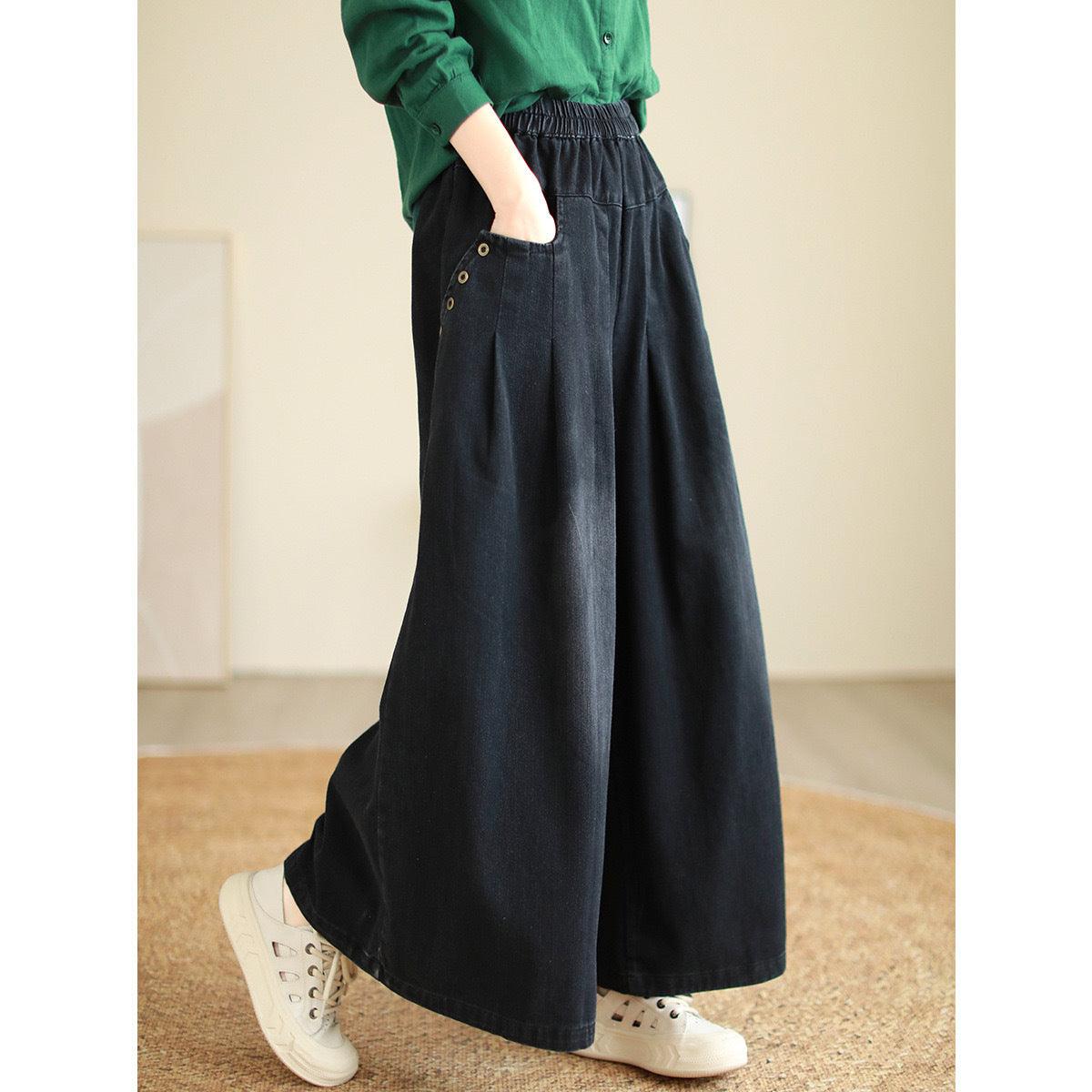 Wide-leg Jeans Elastic Waist Washed Trousers For Women