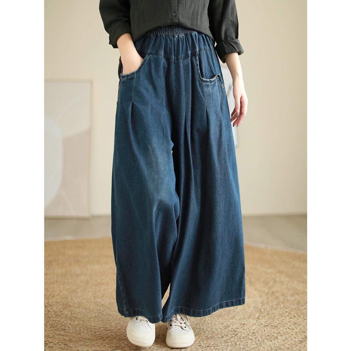 Wide-leg Jeans Elastic Waist Washed Trousers For Women