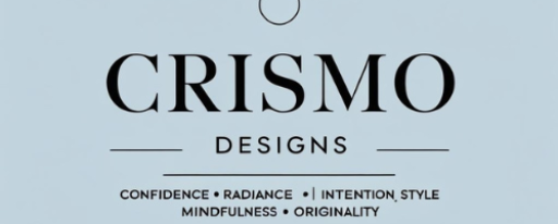 CrisMo Designs logo – bold sans serif wordmark with tagline Confidence, Radiance, Intention, Style, Mindfulness, Originality in soft blue and grey tones.